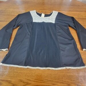 Vintage 70s‎ Topson Downs Tunic Top Black Pleated Lace Trim Women's Size Large